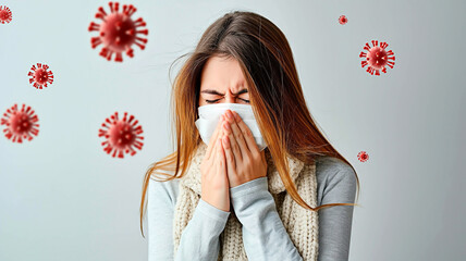 A woman spreading viruses on white background through sneeze. Concept of virus transmission through saliva droplets.