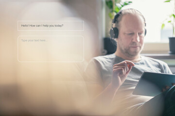Mature man taking assistance of AI at home