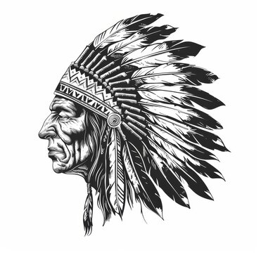 A modern Western and native American tribe culture symbol of a warrior chief in monochrome with eagle feathers on his headdress.