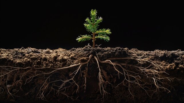 A hyper-detailed photo of a young pine tree sprout in full bloom above ground, with an underground cross-section view showcasing a dense, intricate network of deep roots in dark brown soil, taken