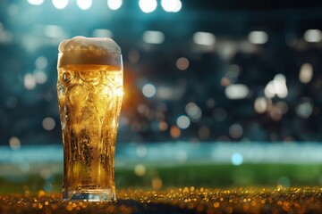 A glass of beer with a frothy head, set against the backdrop of a stadium. Perfect for themes related to sports, refreshment, and leisure.