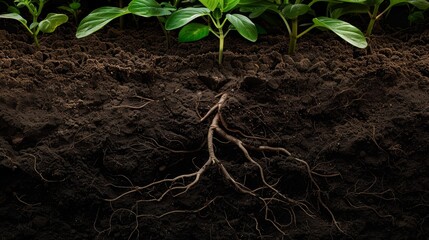 A detailed underground view of dark brown soil featuring a dense network of deep roots and a healthy plant sprout in full bloom above ground, illustrating the intricate balance of plant life