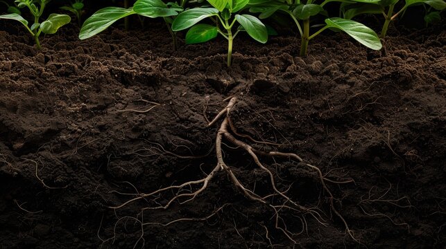 Soil cross-section with roots and sprout, copy space