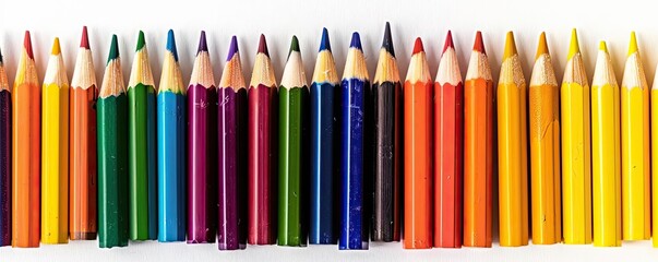 Obraz premium Colorful arrangement of sharpened colored pencils forming a vibrant horizontal line over a white background. Perfect for art and creativity concepts.