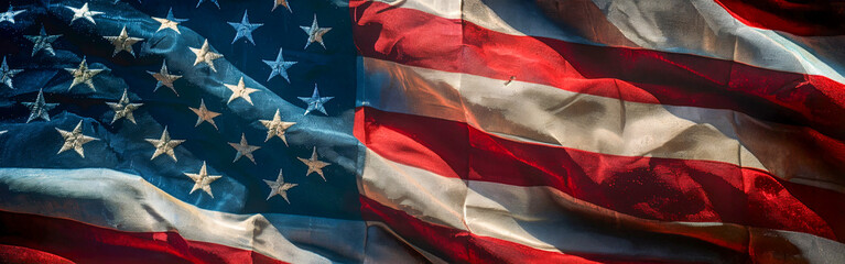 Primer plano de la bandera estadounidense, con sus ic&oacute;nicas franjas rojas y blancas y un fondo azul lleno de estrellas, que simboliza la libertad y los EE. UU. en celebraci&oacute;n o en el d&iacute;a emblem&aacute;tico.,