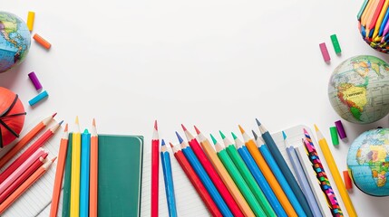 Fototapeta premium Colorful school supplies including pencils, notebooks, and globes arranged around a blank white background, perfect for educational themes.
