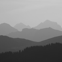 Dream like mountain ranges in the morning light seen from Vorder Walig, Switzerland.