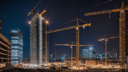 Fototapeta premium nighttime construction site bustling with activity