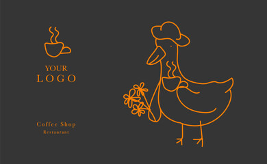 Web banner vector, coffee shop menu design. Restaurant menu design. Hand-drawn goose with cup of coffee vector illustration.