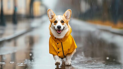 A happy Corgi dog wearing a yellow raincoat, walking in the rain on a city street. Perfect for pet and weather themes.