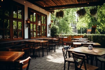 Obraz premium Exterior of wooden tables of a outdoor restaurant