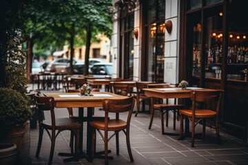 Exterior of wooden tables of a outdoor restaurant