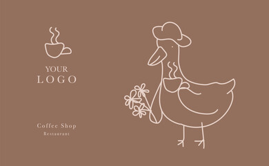 Web banner vector, coffee shop menu design. Restaurant menu design. Hand-drawn goose with cup of coffee vector illustration.