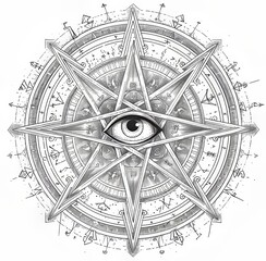 Alchemy, witchcraft and masonry, mystic amulet, meditation circle sketch. Pentagram with magic eye, black star, and Aztec sacred symbol.