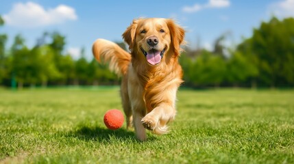 A lively Golden Retriever dog chasing a ball in a sunny park, capturing the joy and energy of active outdoor play. Ideal for pet and nature themes.