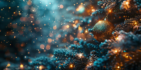 A single golden ornament hangs from a blue spruce tree, its surface sparkling with festive lights and falling snow
