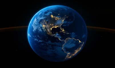 A breathtaking view of Earth from space with night lights illuminating the continents, highlighting the beauty of our planet. Ideal for environmental and educational projects.