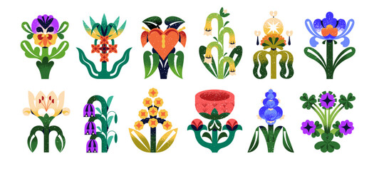 Abstract flowers in modern style set. Stylized wildflowers with twisted, geometric shapes of leaves. Whimsical garden and wild bloom plants. Flat isolated vector illustrations on white background