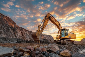 A powerful excavator at work in a quarry at sunrise, showcasing the machinery and industrial landscape.