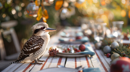 Native Australian Kookaburra Christmas picnic table festive holiday decorations outdoor Xmas BBQ party wildlife family celebration background exotic Australia bird standing rustic fauna fun background