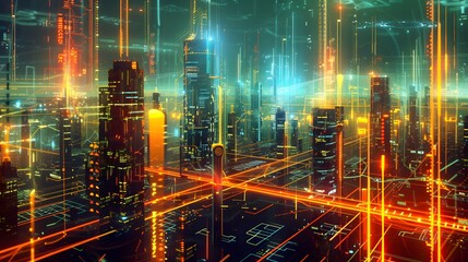 Fototapeta premium A cityscape with many buildings and a lot of lights. The city is lit up and it looks like it's in a futuristic world