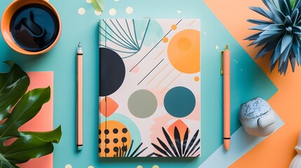 A spiral bound notebook with a colorful design sits on a table with a pencil and a ball. The notebook is decorated with a variety of shapes and colors, and it is a creative and fun design
