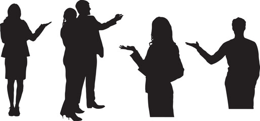 Silhouettes of business people, man and woman in affair, office meeting