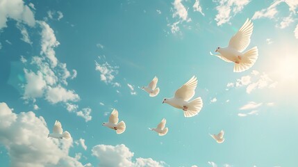 Obraz premium Blue sky backdrop with a cluster of white doves ascending on the left, minimalist design, ample space for text overlay, promotional banner, 3D rendering.
