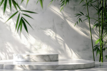 White stone podium in front of marble wall with palm shadows, product presentation mock up concept.