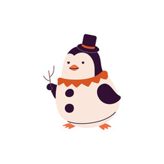Happy baby penguin in snowman costume for Xmas masquerade. Cute north bird in top hat on New Year carnival. Polar animal rejoices over winter holiday. Flat isolated vector illustration on white
