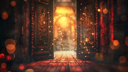 An open door in an ancient temple with golden and red abstract bokeh lights, night view creating a magical and sacred atmosphere, minimalistic and majestic