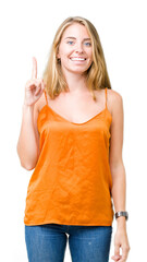 Beautiful young woman wearing orange shirt over isolated background pointing finger up with successful idea. Exited and happy. Number one.