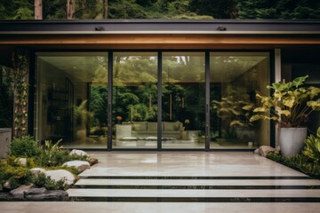 Obraz premium Aesthetic modern home entrance with sliding glass doors