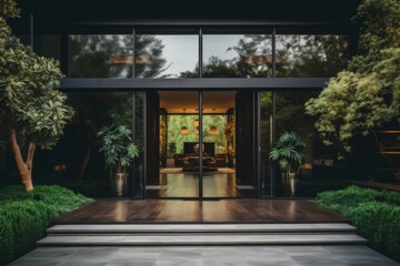 Obraz premium Aesthetic modern home entrance with sliding glass doors