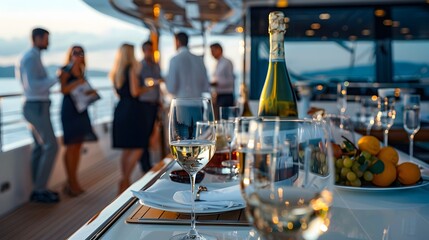 A group of people are gathered around a table with wine glasses and fruit. Scene is social and relaxed, as people are enjoying each other's company and the beautiful view of the water