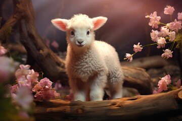 Obraz premium A young lamb standing among pink flowers, bathed in warm sunlight in a forest setting. Ideal for themes of spring, nature, and new life.