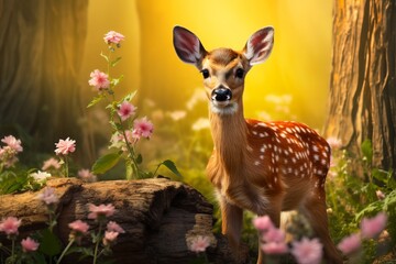 A young fawn standing in a forest surrounded by colorful flowers and illuminated by soft sunlight. Ideal for themes of spring, nature, and wildlife.