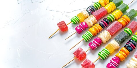 Bright candy kabobs on white with ample space for text.