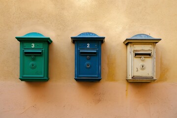 Three colorful mailboxes (green, blue, and cream) mounted on a textured wall. Ideal for themes of communication, mail, and vintage decor.