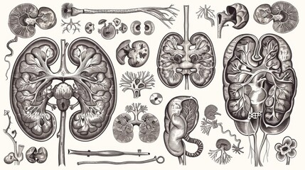 Detailed anatomy of human kidneys, medical visual aid chart of kidneys with parts names. Designed for medical universities, hospitals, clinics, etc.