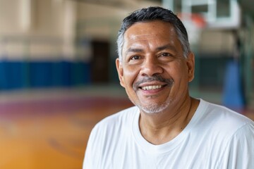 Portrait of a senior Hispanic man in indoor basketball gym