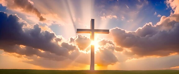 Jesus cross symbol glowing with golden light, floating majestically in an infinite sky background filled with vibrant, swirling colors of sunset and dawn