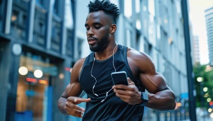 A muscular man is seen using a smartphone in a modern gym with treadmill machines in the background AIG62
