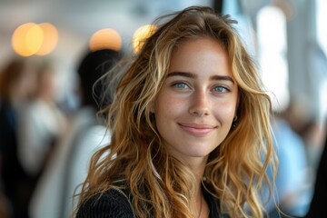 A confident young woman with wavy blonde hair smiles indoors, surrounded by warm and ambient lighting, reflecting a sense of happiness, contentment, and inner strength.