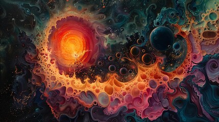 Abstract Painting of a Cosmic Nebula With a Bright Orange Star