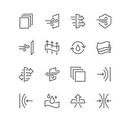 Set of fabric properties and related icons, stetching, windproof, breathable and linear variety vectors.	
