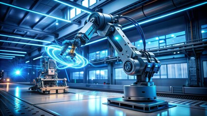 Fototapeta premium Industrial robotic arm with glowing blue circuits and wires stands in modern futuristic laboratory, symbolizing autonomous technological advancements.