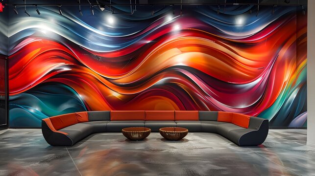 Contemporary art gallery setting, abstract mural with fluid lines and vibrant colors, high-resolution, ultra-realistic photography emphasizing texture and depth.