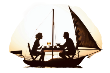 A couple is having a romantic dinner on a boat