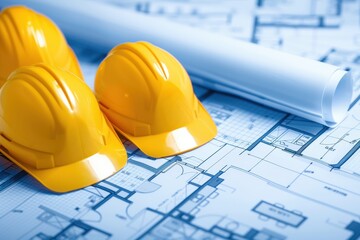 Blueprints and yellow construction helmets. Ideal for construction, architecture, building project themes.